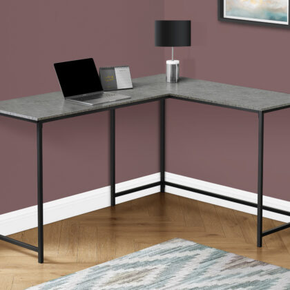 58" Gray and Black Faux Stone Wood And Metal Corner Computer Desk