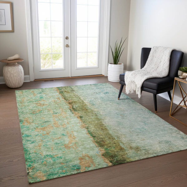 10' X 14' Green Olive Green And Blue Abstract Washable Indoor Outdoor Area Rug