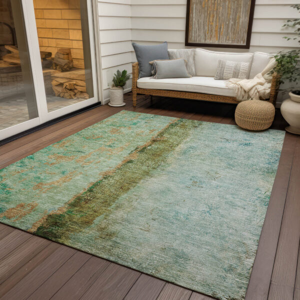 10' X 14' Green Olive Green And Blue Abstract Washable Indoor Outdoor Area Rug