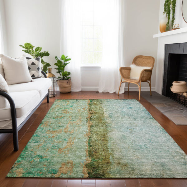 10' X 14' Green Olive Green And Blue Abstract Washable Indoor Outdoor Area Rug