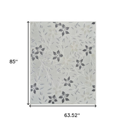 5' X 7' Cream and Gray Floral Distressed Indoor Outdoor Area Rug
