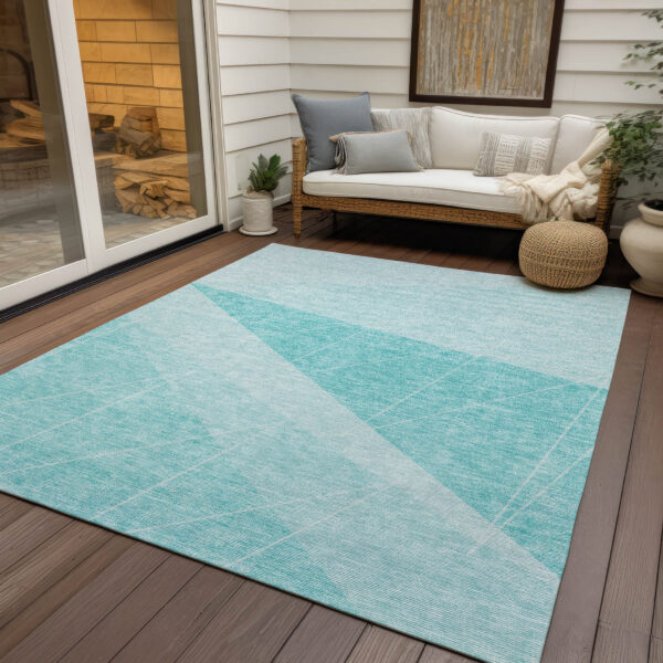 8' X 10' Teal Blue Aqua And Ivory Geometric Washable Indoor Outdoor Area Rug