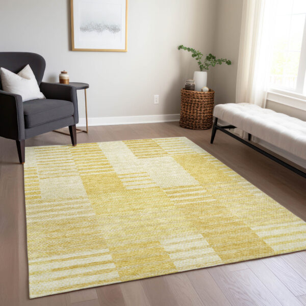 3' X 5' Gold Wheat And Ivory Striped Washable Indoor Outdoor Area Rug