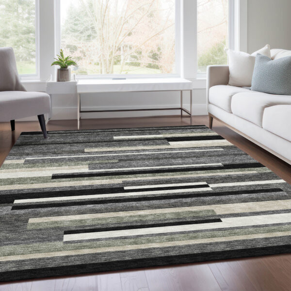 5' X 8' Black Charcoal And Gray Striped Washable Indoor Outdoor Area Rug