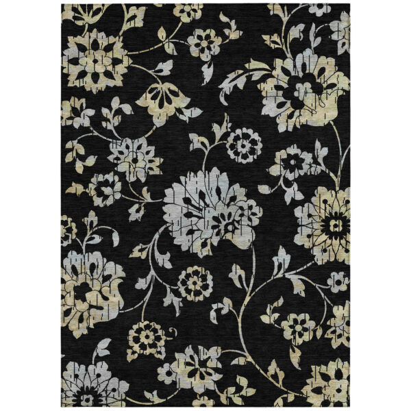 9' X 12' Black Artichoke Green And Silver Floral Washable Indoor Outdoor Area Rug