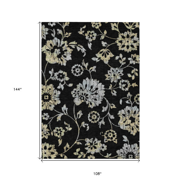 9' X 12' Black Artichoke Green And Silver Floral Washable Indoor Outdoor Area Rug