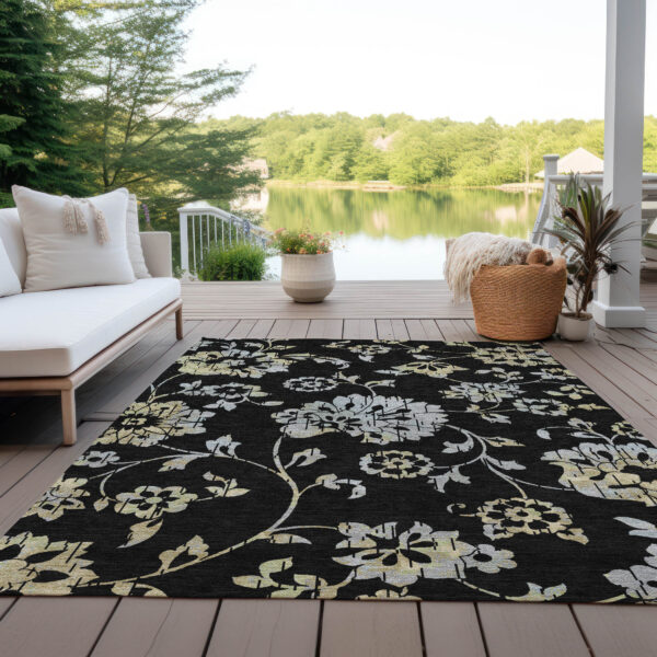 9' X 12' Black Artichoke Green And Silver Floral Washable Indoor Outdoor Area Rug