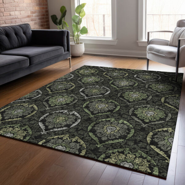 3' X 5' Green Gray And Charcoal Medallion Washable Indoor Outdoor Area Rug