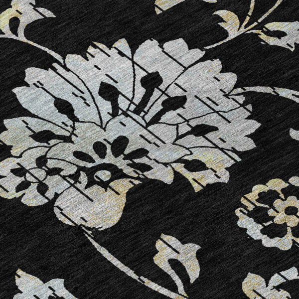 9' X 12' Black Artichoke Green And Silver Floral Washable Indoor Outdoor Area Rug