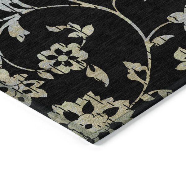9' X 12' Black Artichoke Green And Silver Floral Washable Indoor Outdoor Area Rug