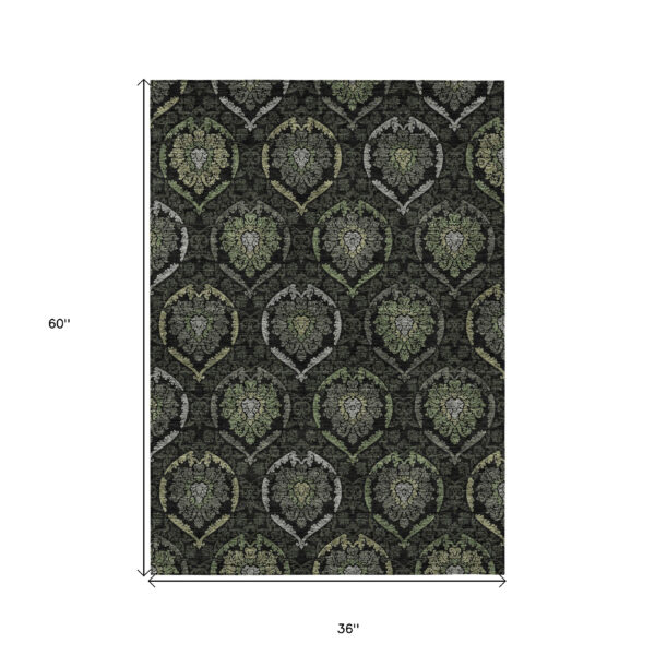 3' X 5' Green Gray And Charcoal Medallion Washable Indoor Outdoor Area Rug