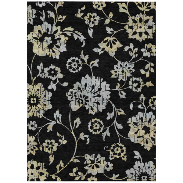 9' X 12' Black Artichoke Green And Silver Floral Washable Indoor Outdoor Area Rug