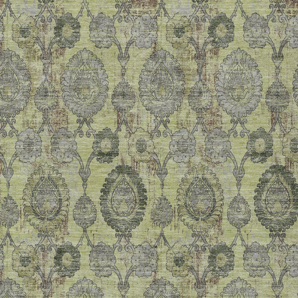 9' X 12' Artichoke Green Green And Gray Damask Washable Indoor Outdoor Area Rug