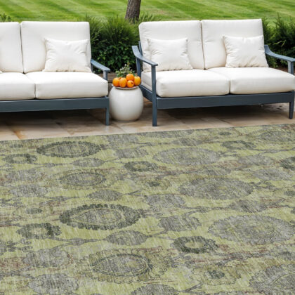 9' X 12' Artichoke Green Green And Gray Damask Washable Indoor Outdoor Area Rug