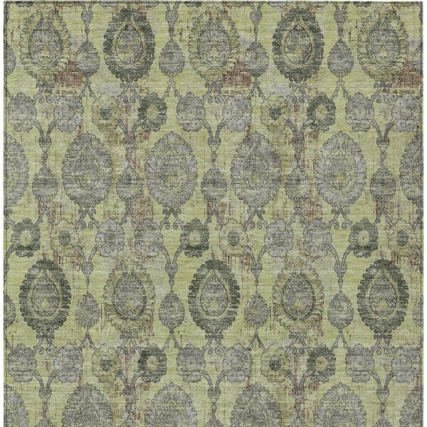 9' X 12' Artichoke Green Green And Gray Damask Washable Indoor Outdoor Area Rug