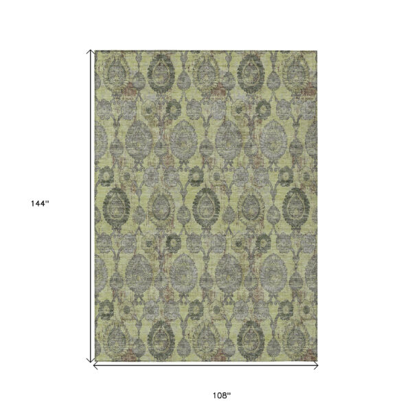 9' X 12' Artichoke Green Green And Gray Damask Washable Indoor Outdoor Area Rug