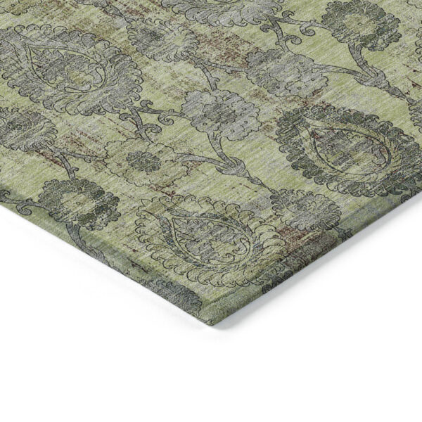 9' X 12' Artichoke Green Green And Gray Damask Washable Indoor Outdoor Area Rug
