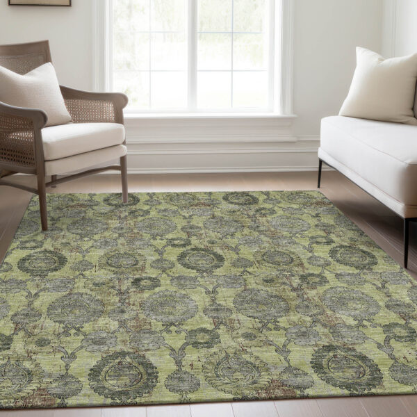 9' X 12' Artichoke Green Green And Gray Damask Washable Indoor Outdoor Area Rug