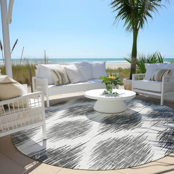 8' Gray Ivory And Charcoal Round Ikat Washable Indoor Outdoor Area Rug