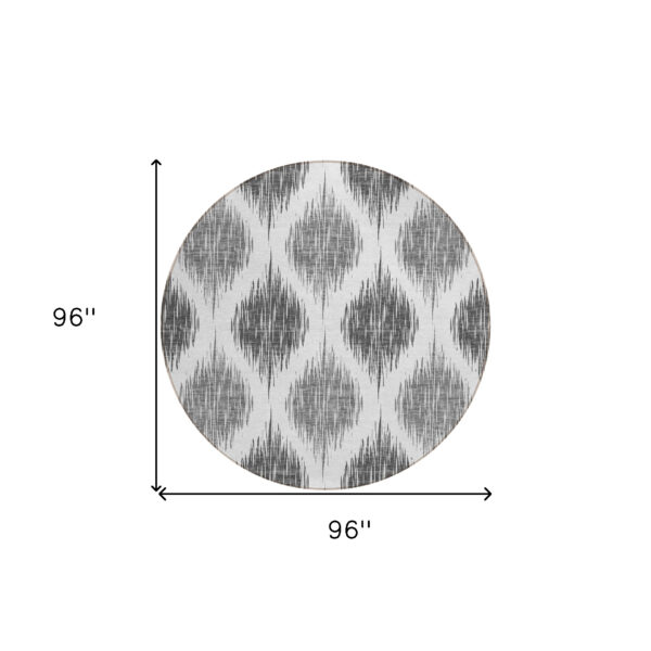 8' Gray Ivory And Charcoal Round Ikat Washable Indoor Outdoor Area Rug