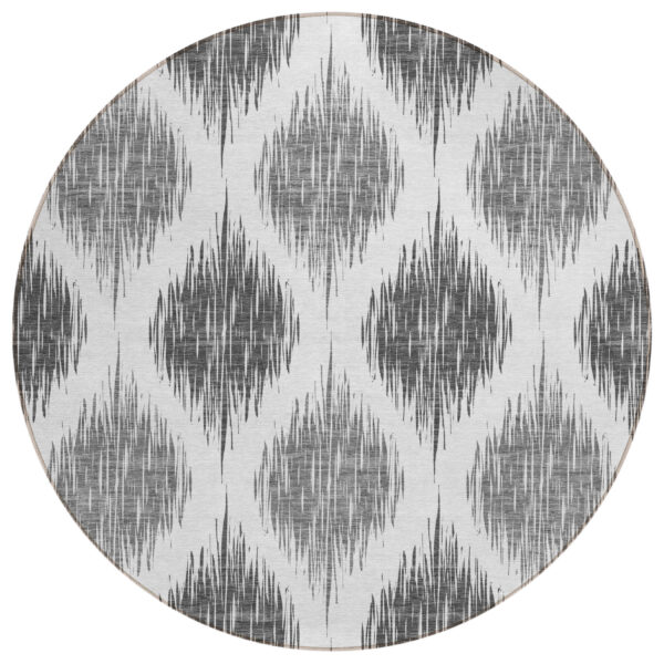 8' Gray Ivory And Charcoal Round Ikat Washable Indoor Outdoor Area Rug
