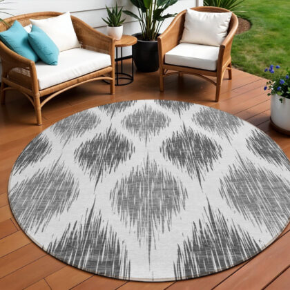 8' Gray Ivory And Charcoal Round Ikat Washable Indoor Outdoor Area Rug