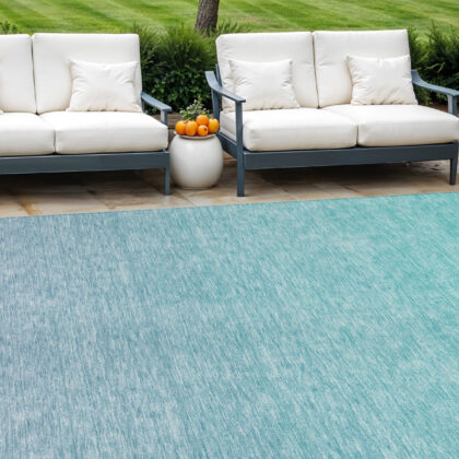 9' X 12' Sky Blue And Teal Blue Ombre Washable Indoor Outdoor Area Rug