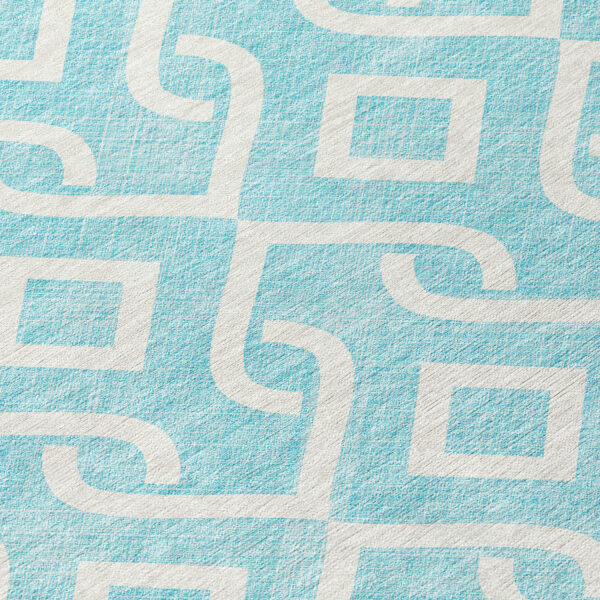 8' Aqua And Ivory Round Geometric Washable Indoor Outdoor Area Rug