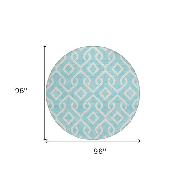 8' Aqua And Ivory Round Geometric Washable Indoor Outdoor Area Rug