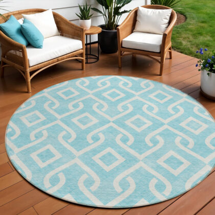8' Aqua And Ivory Round Geometric Washable Indoor Outdoor Area Rug