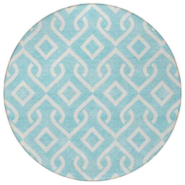 8' Aqua And Ivory Round Geometric Washable Indoor Outdoor Area Rug