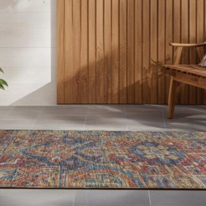 8' Runner Red Orange and Blue Oriental Washable Non Skid Indoor Outdoor Runner Rug