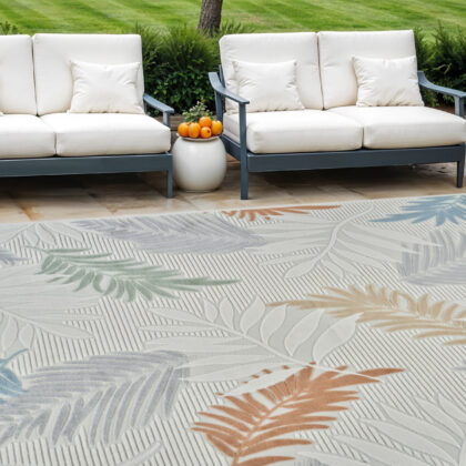 8' X 10' Cream and Beige Botanical Leaves Distressed Indoor Outdoor Area Rug