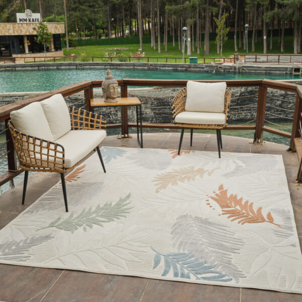 8' X 10' Cream and Beige Botanical Leaves Distressed Indoor Outdoor Area Rug