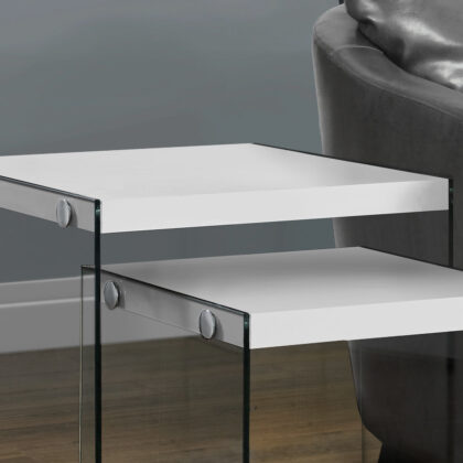 35.5" Glossy White Particle Board And Clear Glass Two Pieces Nesting Table Set