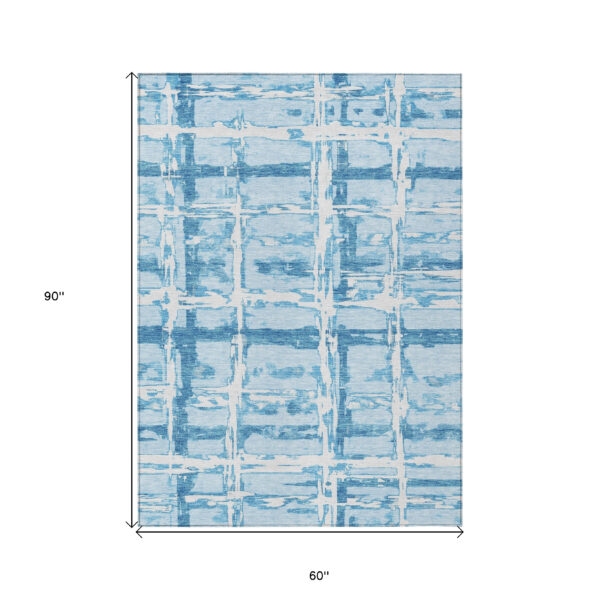 5' X 8' Sky Blue Denim Blue And Ivory Striped Washable Indoor Outdoor Area Rug