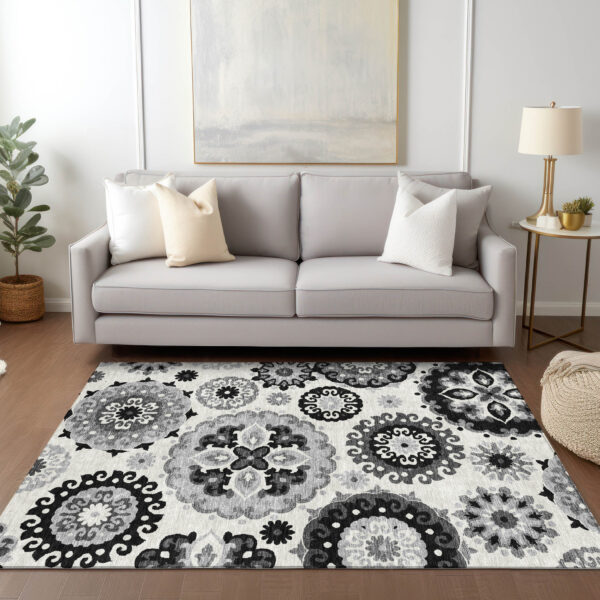 3' X 5' Black Gray And Silver Floral Medallion Washable Indoor Outdoor Area Rug