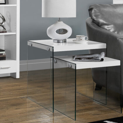 35.5" Glossy White Particle Board And Clear Glass Two Pieces Nesting Table Set
