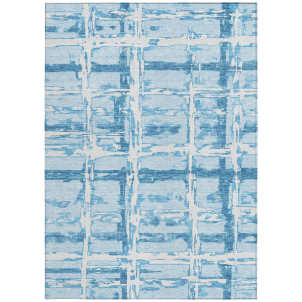 5' X 8' Sky Blue Denim Blue And Ivory Striped Washable Indoor Outdoor Area Rug