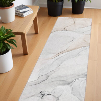 8' Runner Beige Ivory and Gray Abstract Washable Non Skid Indoor Outdoor Runner Rug