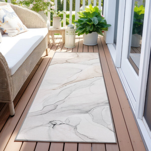 8' Runner Beige Ivory and Gray Abstract Washable Non Skid Indoor Outdoor Runner Rug