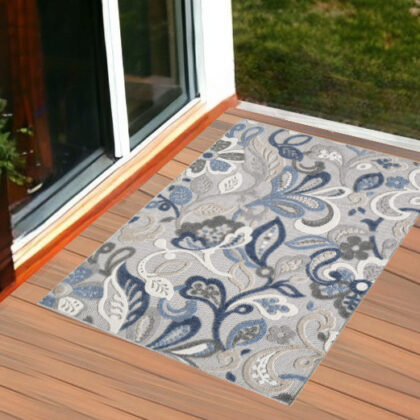 3' X 5' Blue Gray Jacobean Floral Indoor Outdoor Area Rug