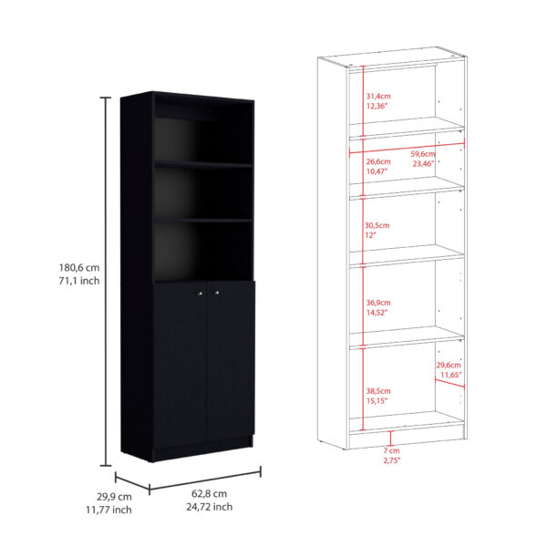Set of Three Black Five Tier Bookcase with Two Doors