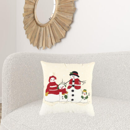 20" Red and Ivory Christmas Cotton Pillow With Applique, Embroidery, Pom Poms Edges