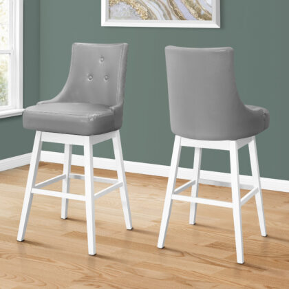 Set of Two 29" Gray and White Faux Leather and Solid Wood Bar Height Swivel Bar Chairs