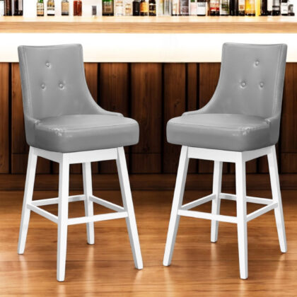 Set of Two 29" Gray and White Faux Leather and Solid Wood Bar Height Swivel Bar Chairs