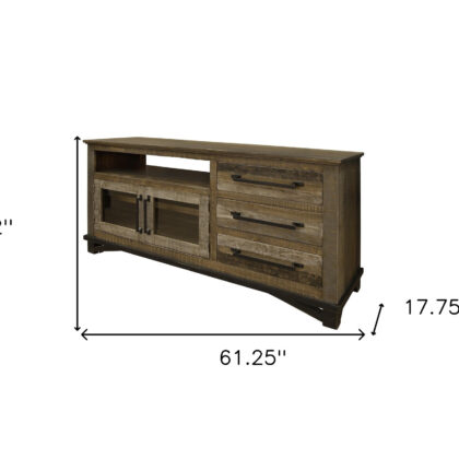 61" Brown Solid Wood Cabinet Enclosed Storage Distressed TV Stand