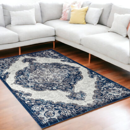 5' x 7' Blue and Gray Medallion Power Loom Area Rug