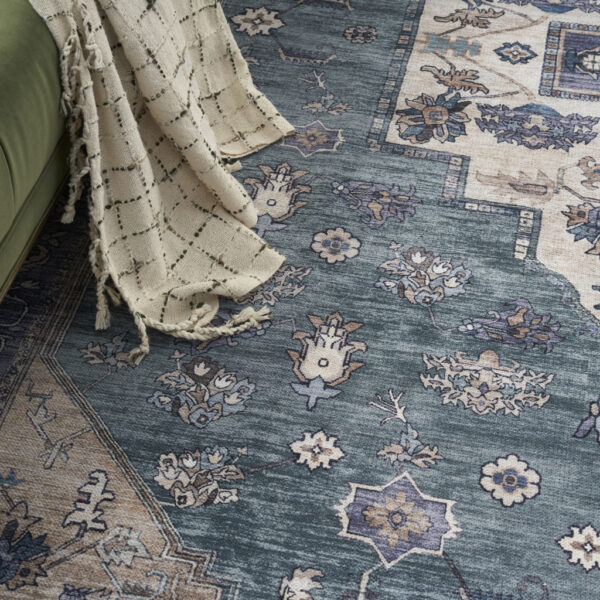 4' x 6' Blue and Beige Oriental Power Loom Distressed Washable Non Skid Area Rug
