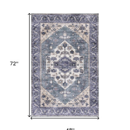 4' x 6' Blue and Beige Oriental Power Loom Distressed Washable Non Skid Area Rug